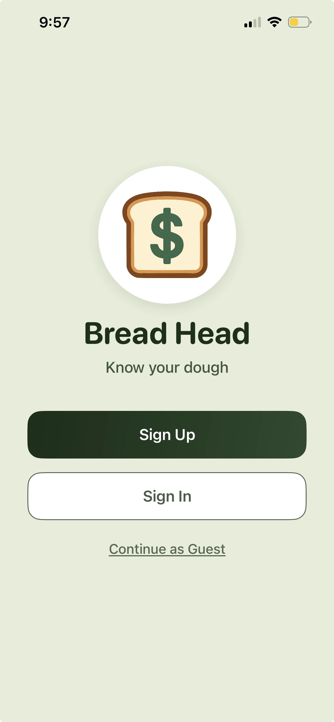 Bread Head app welcome screen
